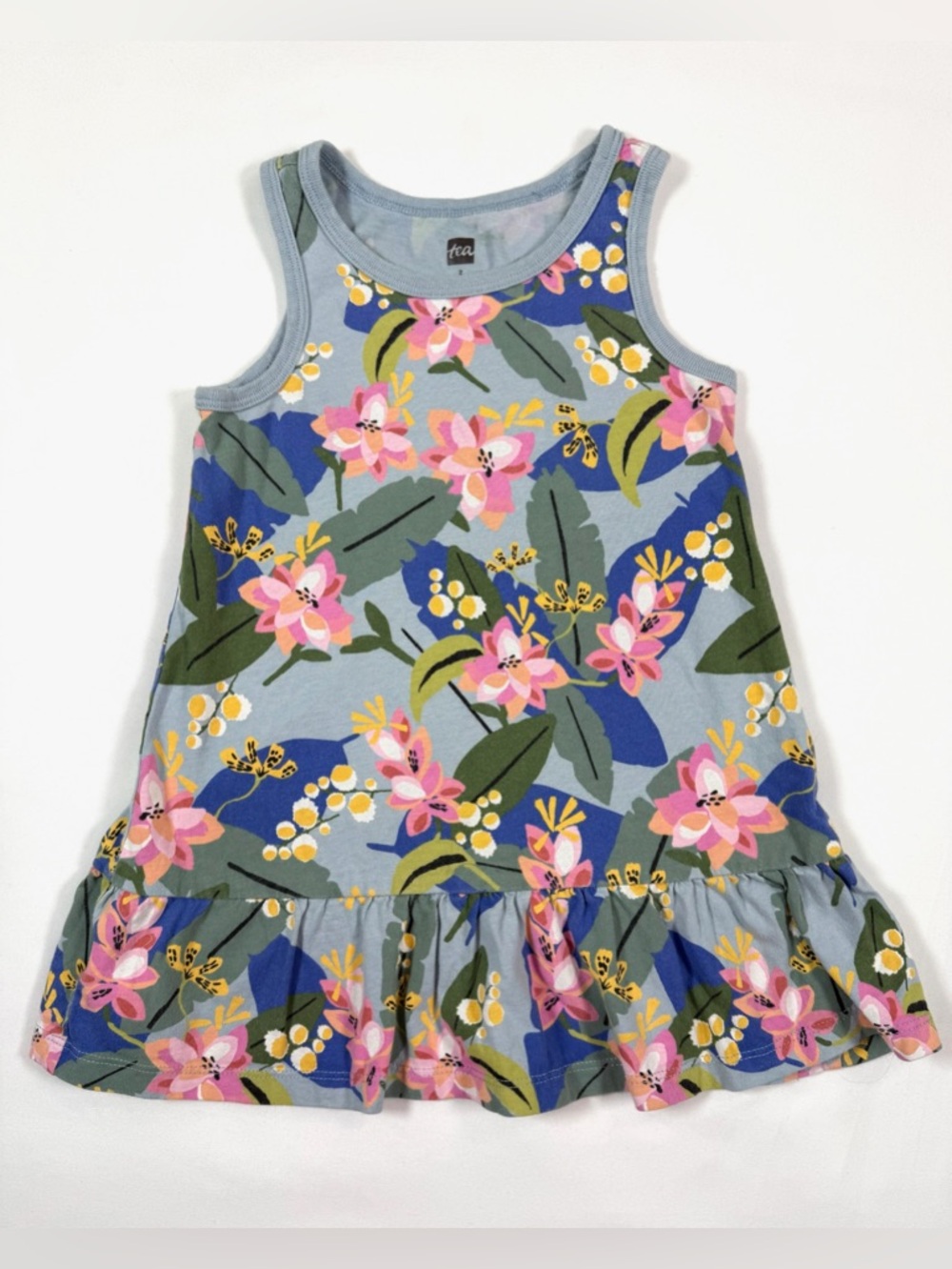 TEA COLLECTION Floral Girls‎ 2 Dress Blue Pink Botanical Ruffle Hem Cottagecore